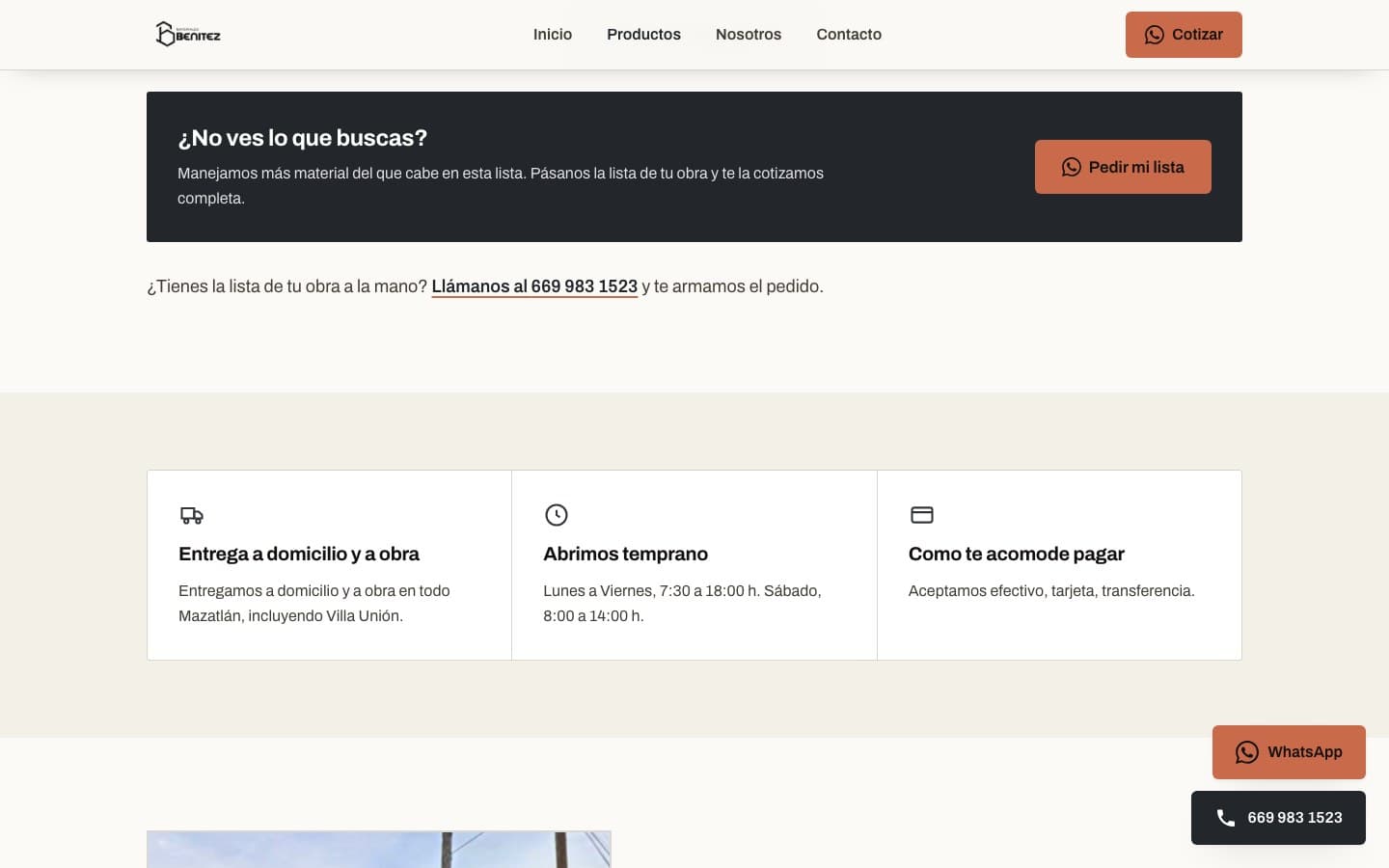Product catalogue and request path on the Materiales Benítez website
