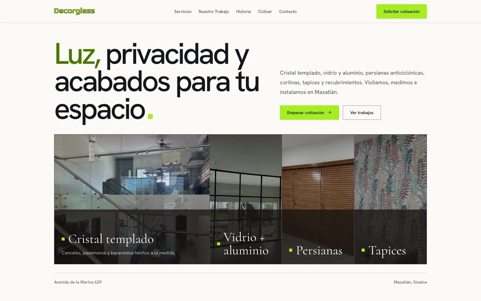 Sitio de Decorglass, diseñado por insten studio para un negocio de vidrio y acabados a medida en Mazatlán